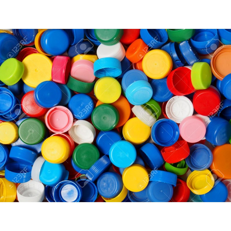 Assortment of colourful PET bottle caps in short neck and long neck sizes